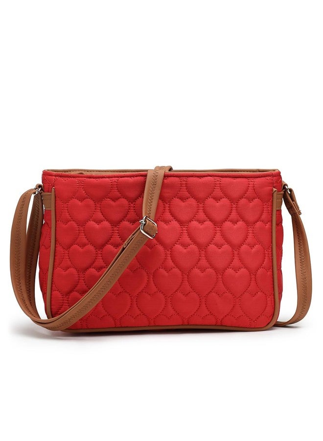 Anekaant Amour Valentine Red & Tan Polyester & Vegan Leather Heart Quilted Sling Bag - Image 1
